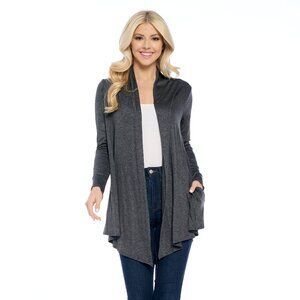 Isaac Liev Open Front Long Sleeve Draped Cardigan with Pockets – Charcoal Gray